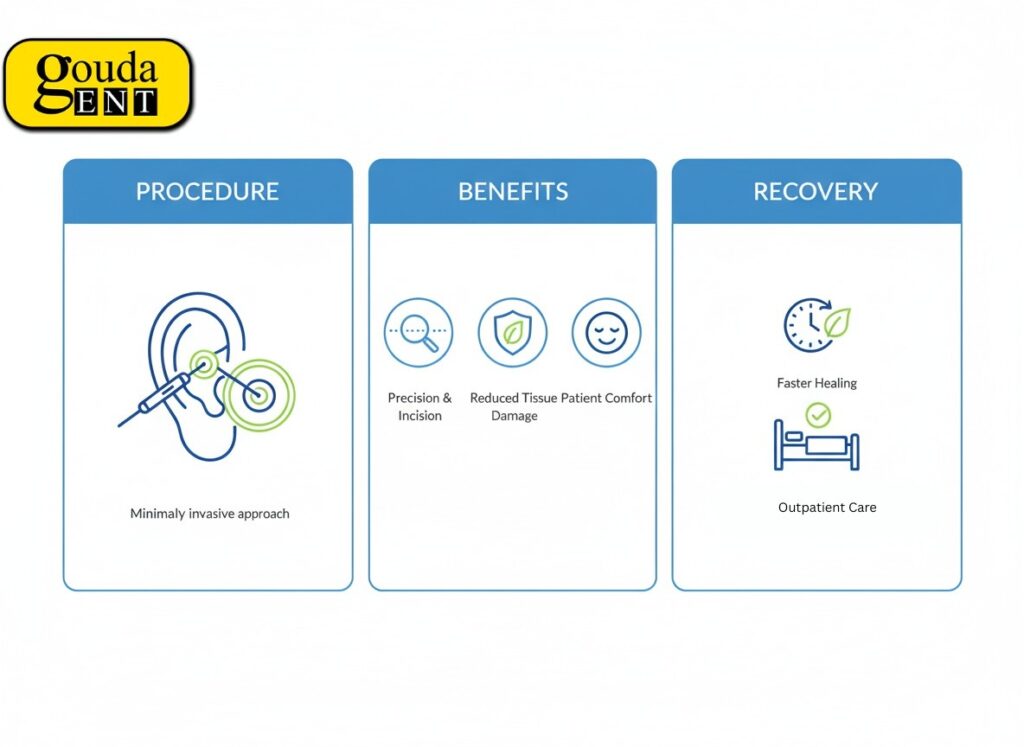Endoscopic ear surgery procedure infographic detailing the steps, benefits, and recovery stages at Gouda ENT, including precision and faster healing