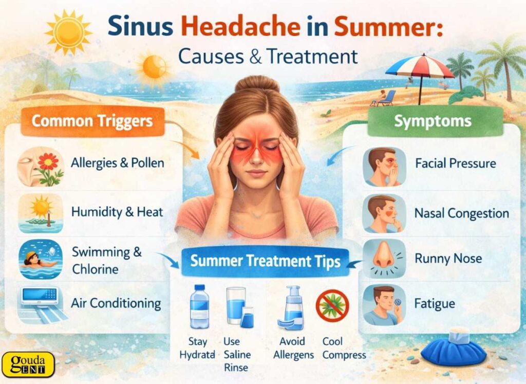 Sinus Headache in Summer: Causes and Treatment showing a woman with facial pain triggered by heat, allergies, and dehydration with home remedies.