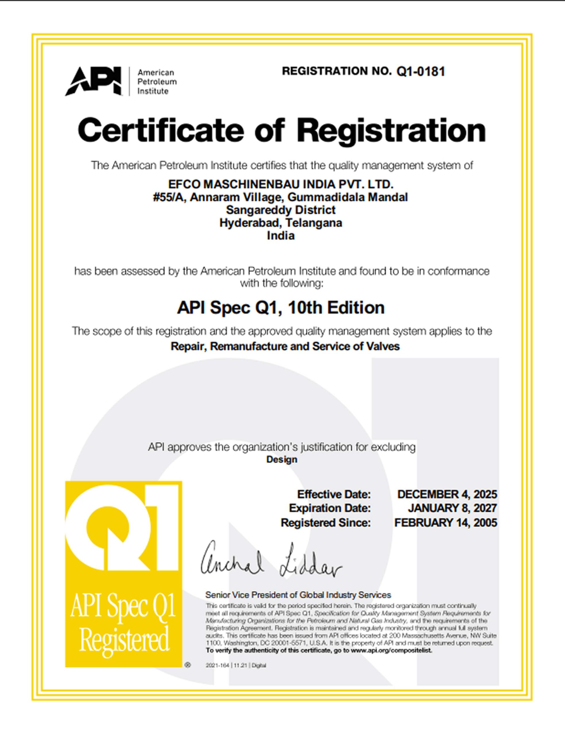 API Q1 Certificate